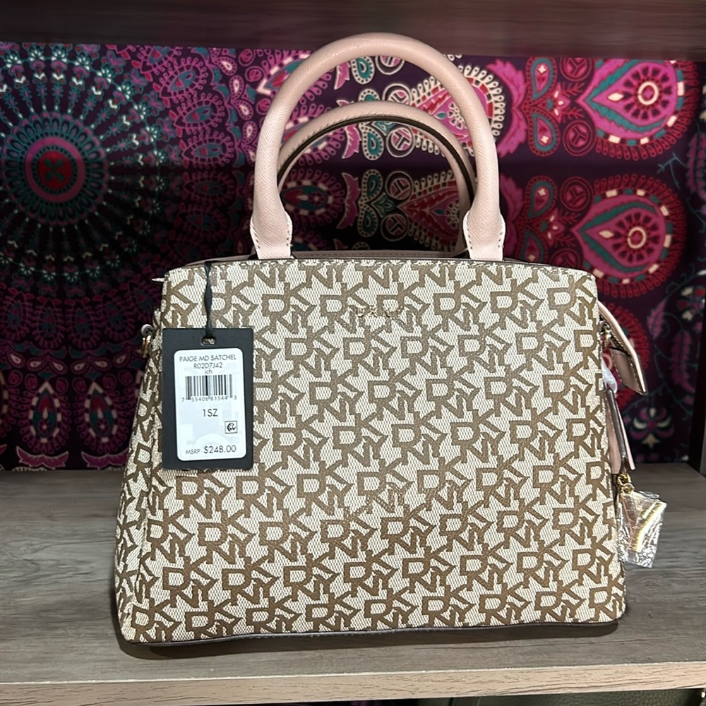 DKNY Logo Satchel Beige Pink Top Handle Crossbody NWT